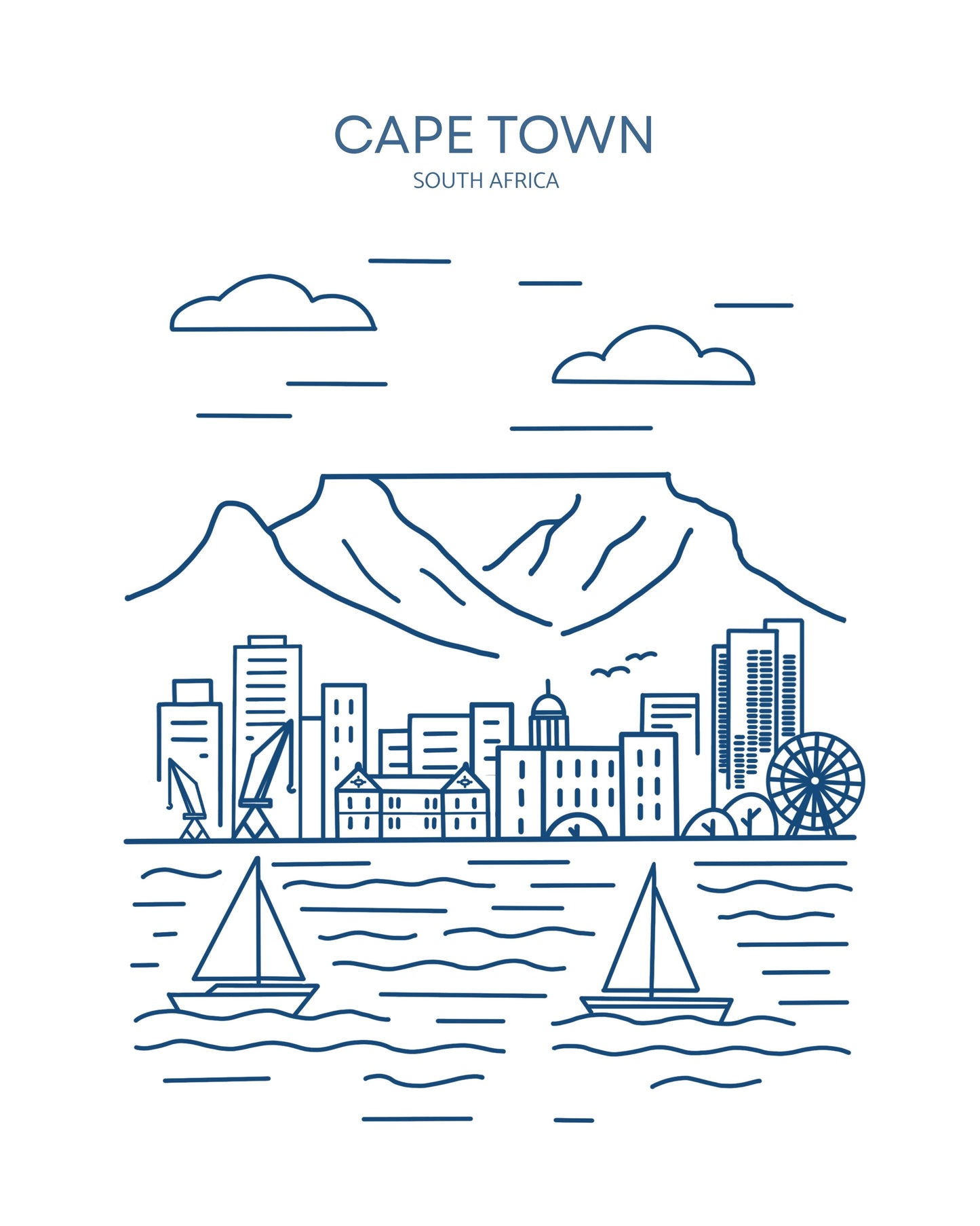 Cape Town Line Art- Blue Illustrated Tote Bag
