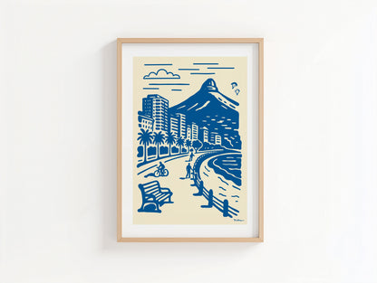 Sea Point, Cape Town- Delft-Lino Style Art Print