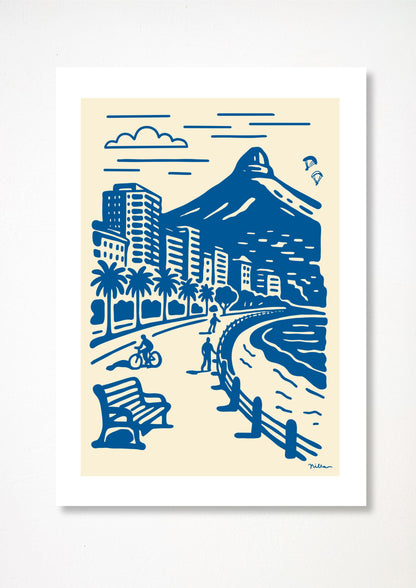 Sea Point, Cape Town- Delft-Lino Style Art Print