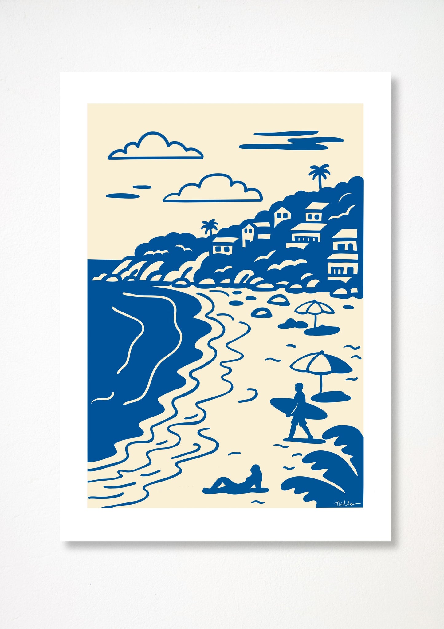 Clifton Beach- Delft-Lino Style Art Print