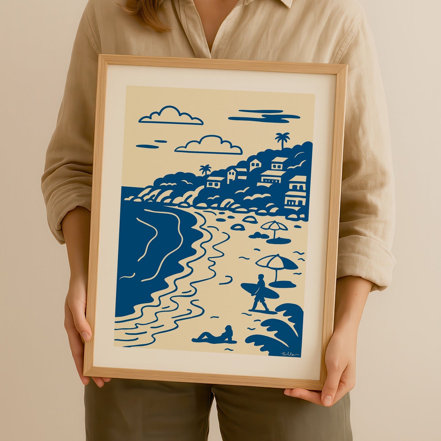 Clifton Beach- Delft-Lino Style Art Print